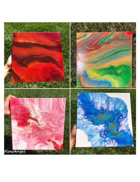 A collage style photo with four spaces. The top left is of a abstract flow art piece in red tones. The top right is a abstract flow art piece in blue, green, yellow, orange and red. The bottom left a abstract flow art piece in three or four different tones of pink and white. The bottom right a abstract flow art piece in different tone blues, green/brown and white, this piece is focus in the centre from one diagonal to the other.
