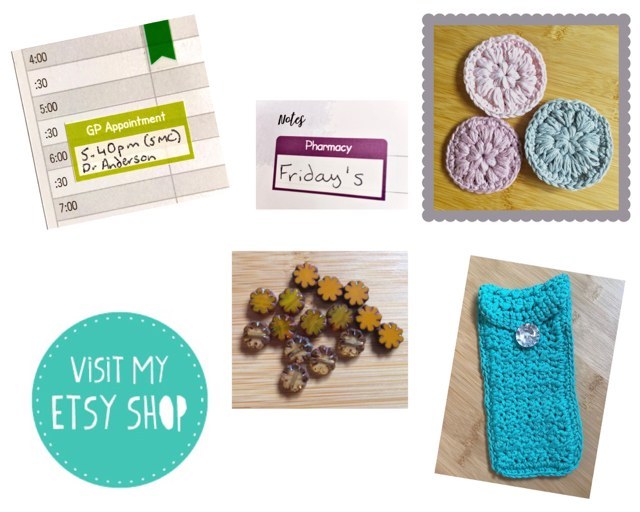 A collage style image on a white background. In the bottom left blue and white graphic which reads visit my Etsy shop. There are five other photos of appointment reminder stickers and crocheted items.