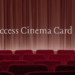 A cinema with red seats facing a wide screen with a curtain pulled across. Over the curtain it reads Disabled Access Cinema Card - CEA Card